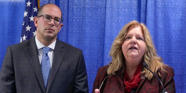 Nassau County District Attorney Anne Donnelly speaks while prosecutor Jared Rosenblatt looks on during a news conference after Richard Cottingham appeared remotely in a courtroom in Mineola, N.Y., Monday, Dec. 5, 2022. 