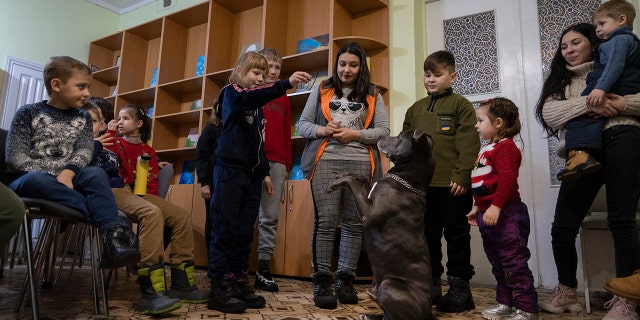 Children traumatized by war play with American Pit Bull Terrier "Bice" in the Center for Social and Psychological Rehabilitation in Boyarka, near Kyiv, Ukraine, on Wednesday, Dec. 7, 2022.