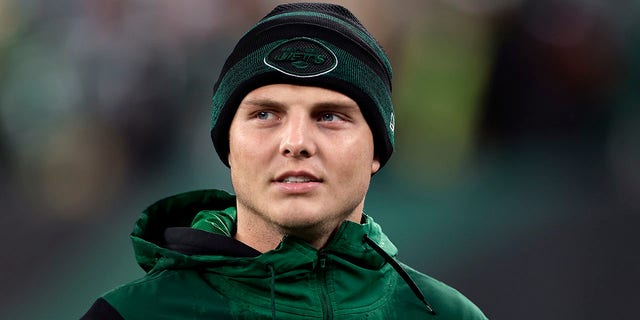 New York Jets quarterback Zach Wilson reacts during a Chicago Bears game on November 27, 2022, in East Rutherford, New Jersey.