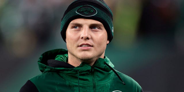 New York Jets quarterback Zach Wilson reacts during a Chicago Bears game on November 27, 2022, in East Rutherford, New Jersey.