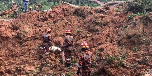 In this photo released by Korporat JBPM, rescuers work at a campsite following a landslide, in Batang Kali, Selangor state, on the outskirts of Kuala Lumpur, Malaysia, Dec. 16, 2022. A landslide occurred at a tourist campsite in Malaysia on Friday it left more Over a dozen people died and authorities said a dozen more people were buried at the site on an organic farm outside the capital of Kuala Lumpur.