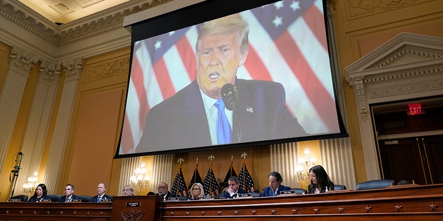 Video of former President Donald Trump appears on screens as the House Select Committee investigating the January 6 attack on the U.S. Capitol holds its final session on Monday, December 19, 2022, on Capitol Hill in Washington. It will be displayed in. 
