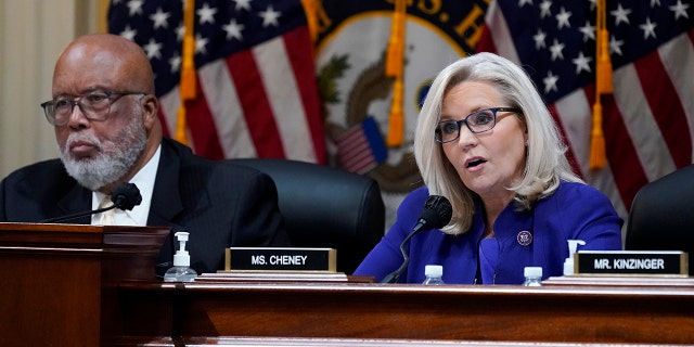 Committee Vice Chair Liz Cheney, R-Wyo., speaks as the House select committee investigating the Jan. 6 attack on the U.S. Capitol holds its final meeting on Capitol Hill in Washington, Monday, Dec. 19, 2022. Committee Chairman Bennie Thompson, D-Miss., left. 