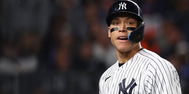 Aaron Judge of the New York Yankees reacts after striking out against the Houston Astros during Game 3 of the ALCS at Yankee Stadium on Oct. 22, 2022, in New York City.