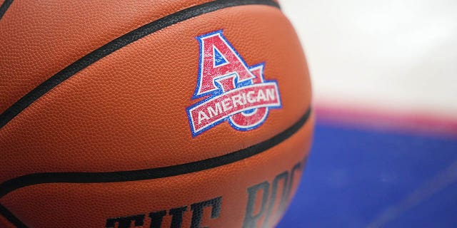 An American University Eagles basketball on the floor during a game against the William and Mary Tribe at Bender Arena on Nov. 16, 2022, in Washington, D.C.