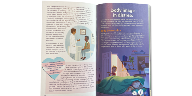 Le livre d'American Girl "Guide d'une fille intelligente : image corporelle" discute "dysmorphie corporelle" et encourage les jeunes filles à demander l'aide d'un médecin si elles éprouvent des malaises avec leur sexe.  