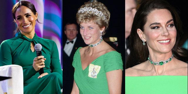On Tuesday, Meghan Markle, left, was the featured guest at the Women's Fund of Central Indiana event. On Friday, Kate Middleton, right, wore a green dress paired with a choker (frequently worn by Princess Diana) for the Earthshot Awards ceremony in Boston, Massachusetts.