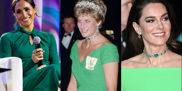 On Tuesday, Meghan Markle, left, was the featured guest at the Women's Fund of Central Indiana event. On Friday, Kate Middleton, right, wore a green dress paired with a choker (frequently worn by Princess Diana) for the Earthshot Awards ceremony in Boston, Massachusetts.