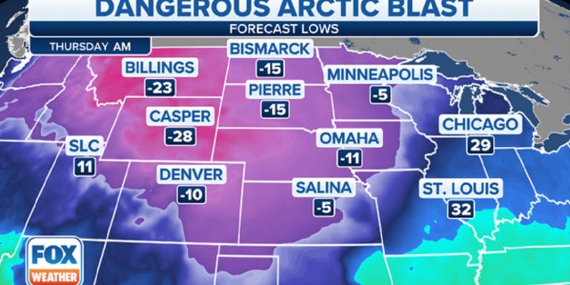 Forecast low temperatures for Thursday, Dec. 22.