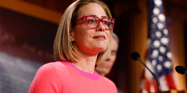 Sen. Kyrsten Sinema, D-Ariz., speaks at a news conference after the Senate passed the Respect for Marriage Act at the Capitol Building on Nov. 29, 2022, in Washington, D.C.