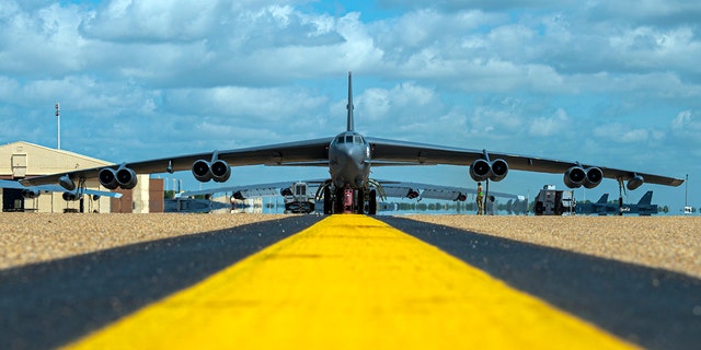A B-52H Stratofortress bomber assigned to the 307th Bomb Wing goes through an engine check, June 24, 2021, at Barksdale Air Force Base, Louisiana.
