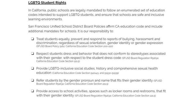 An excerpt from "LGBTQ Family + Gender Diversity: A teaching guide for elementary grades" a pamphlet released by the San Francisco Unified School District.