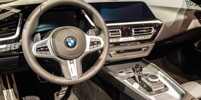 Z4 Roadster compact convertible sports car on display at Brussels Expo on January 9, 2020, in Brussels, Belgium. The BMW Z4 (G29 Z4) is fitted with a soft-top convertible roof. The car is equipped with a large digital dashboard and touch screen on the centre console 