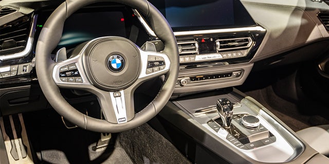 Z4 Roadster compact convertible sports car on display at Brussels Expo on January 9, 2020, in Brussels, Belgium. The BMW Z4 (G29 Z4) is fitted with a soft-top convertible roof. The car is equipped with a large digital dashboard and touch screen on the centre console 