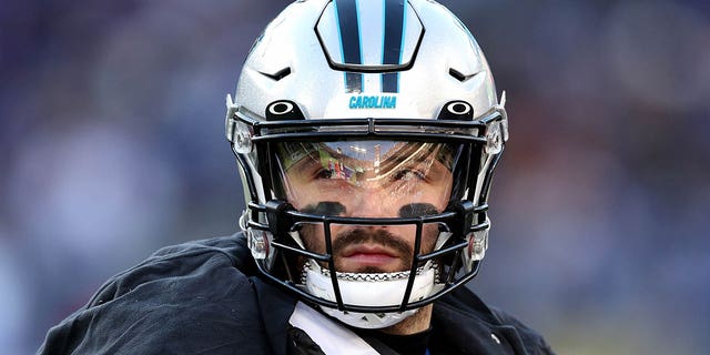 Quarterback Baker Mayfield of the Carolina Panthers during the Ravens game in Baltimore on Nov. 20, 2022.