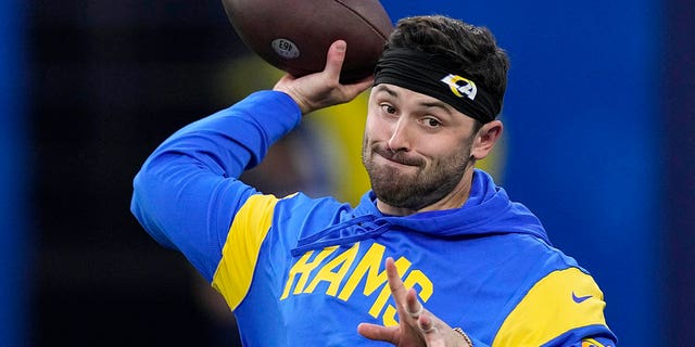 Los Angeles Rams quarterback Baker Mayfield warms up for the team's NFL football game against the Las Vegas Raiders on Thursday, Dec. 8, 2022, in Inglewood, Calif.