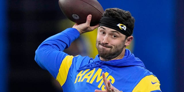 Los Angeles Rams quarterback Baker Mayfield warms up for the team's NFL football game against the Las Vegas Raiders on Thursday, Dec. 8, 2022, in Inglewood, Calif.