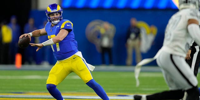 Los Angeles Rams quarterback Baker Mayfield throws a pass during the second half of an NFL football game against the Las Vegas Raiders, Thursday, Dec. 8, 2022, in Inglewood, Calif.