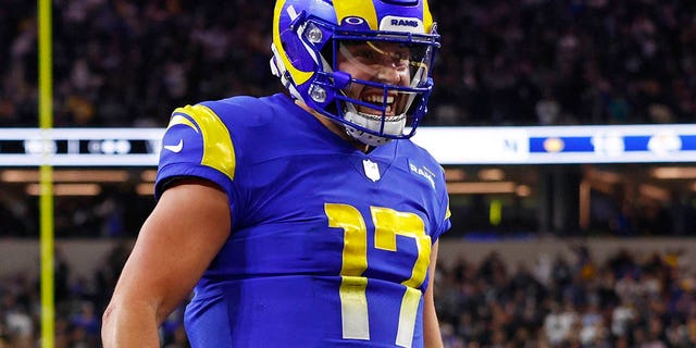 Baker Mayfield, #17 of the Los Angeles Rams, celebrates after throwing the game-winning touchdown pass against the Las Vegas Raiders during the fourth quarter at SoFi Stadium on December 8, 2022, in Inglewood, California.