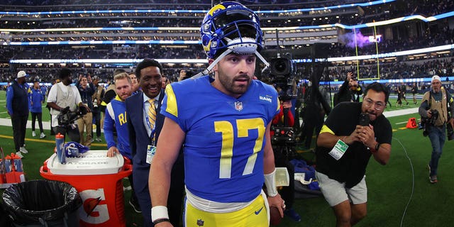 Baker Mayfield, #17 of the Los Angeles Rams, celebrates after his team's 17-16 victory against the Las Vegas Raiders at SoFi Stadium on Dec. 8, 2022 in Inglewood, California. 