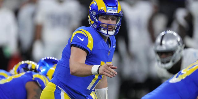 Inglewood, California, USA; Los Angeles Rams quarterback Baker Mayfield (17) gestures against the Las Vegas Raiders in the second half at SoFi Stadium.