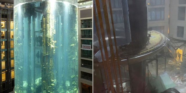 The AquaDom aquarium in central Berlin is seen in a before and after split image. The cylinder burst Dec. 16, 2022, in this still image obtained from a social media video. 