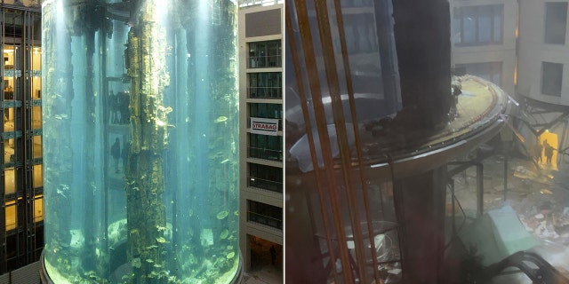 The AquaDom aquarium in central Berlin is seen in a before and after split image. The cylinder burst Dec. 16, 2022, in this still image obtained from a social media video. 