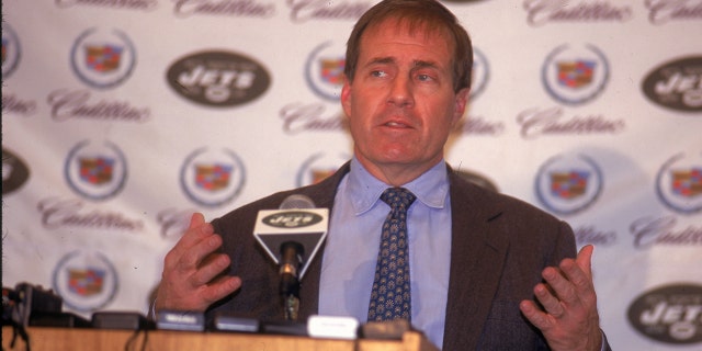 Head coach Bill Belichick of the New York Jets resigns from the job at a press conference just one day after accepting the position at Hempstead, New York, on January 4, 2000.