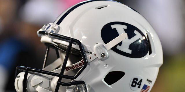 GREENVILLE, NC - OCTOBER 21: A Brigham Young Cougars helmet sits on the sidelines during a game between the BYU Cougars and the East Carolina Pirates at Dowdy-Ficklen Stadium in Greenville, NC on October 21, 2017. 