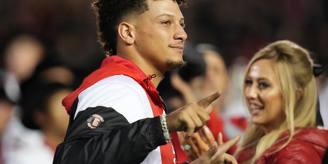 Patrick Mahomes II is inducted into the Texas Tech Red Raiders Ring of Honor at halftime of a game against the Baylor Bears at Jones AT&T Stadium on October 29, 2022 in Lubbock, Texas.