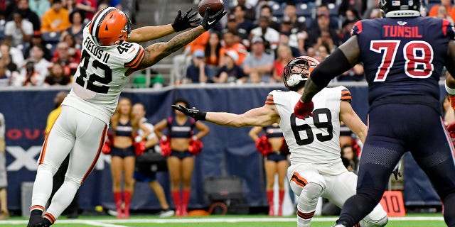 Tony Fields II #42 of the Cleveland Browns intercepts a pass, which he would return for a touchdown, during the fourth quarter against the Houston Texans at NRG Stadium on Dec. 4, 2022 in Houston, Texas.