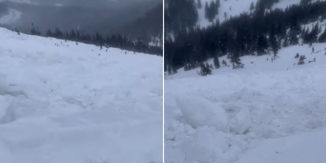 These still images from video the hiker provided to officials after the avalanche shows the view from where he came to rest after the slide.