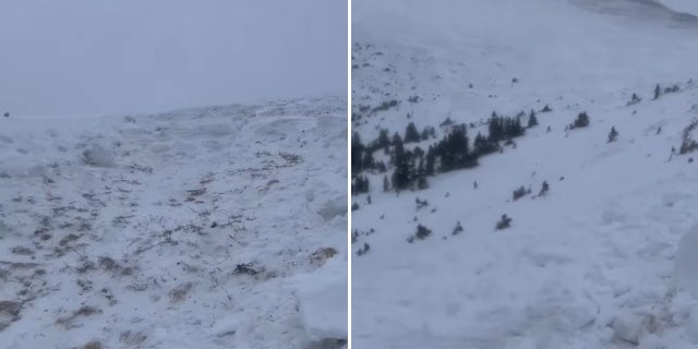 These still images from video the hiker provided to officials shows his view up and down the mountain from where the avalanche carried him.