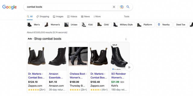 Screenshot of combat boots for sale.