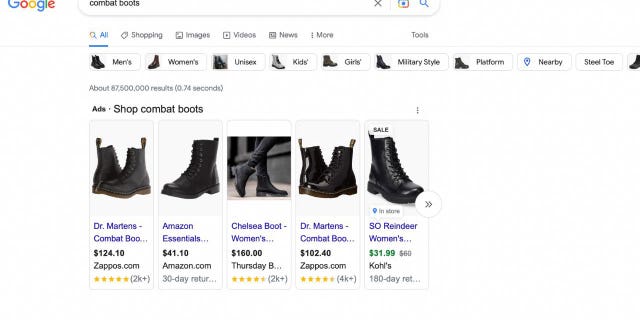 Screenshot of combat boots for sale.