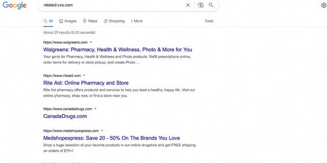 Screenshot of a Google search for similar sites to CVS.