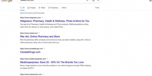 Screenshot of Google Search and similar sites to CVS.