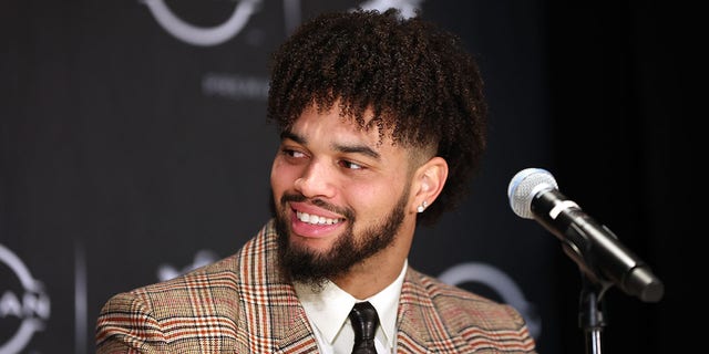 Quarterback Caleb Williams of the USC Trojans speaks to the media during a press conference prior to the 2022 Heisman Trophy presentation at New York Marriott Marquis Hotel Dec. 10, 2022, in New York City.