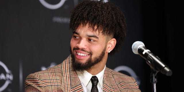 Quarterback Caleb Williams of the USC Trojans speaks to the media during a press conference prior to the 2022 Heisman Trophy presentation at New York Marriott Marquis Hotel Dec. 10, 2022, in New York City.