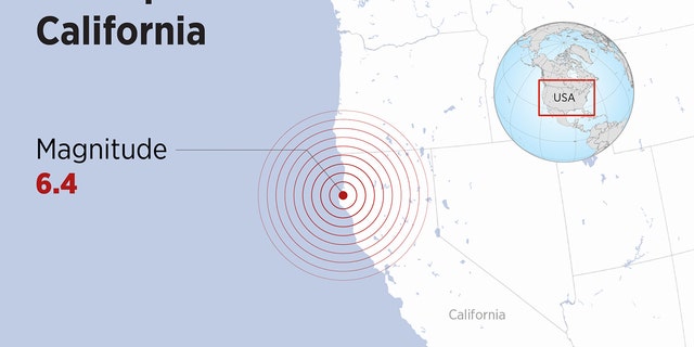 An infographic titled ''Earthquake hits Northern California'' with 6.4 magnitude earthquake, on Dec. 20, 2022.