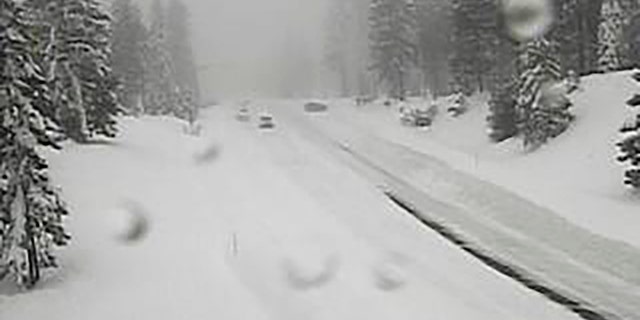 This image from a Caltrans traffic camera shows snow conditions on California SR-89 Snowman in Shasta-Trinity National Forest, Calif., Saturday, Dec. 10, 2022.