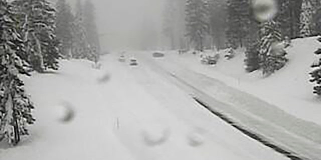 This image from a Caltrans traffic camera shows snow conditions on California SR-89 Snowman in Shasta-Trinity National Forest, Calif., Saturday, Dec. 10, 2022.