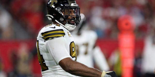 New Orleans Saints defensive end Cameron Jordan between plays against the Buccaneers in Tampa, Florida, Monday, Dec. 5, 2022.