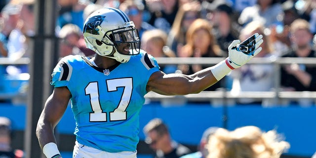 CHARLOTTE, NC - OCTOBER 28: Devin Funchess #17 of the Carolina Panthers signals first down after making a catch against the Baltimore Ravens during their game at Bank of America Stadium on October 28, 2018, in Charlotte, North Carolina.