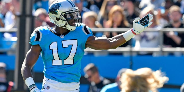 CHARLOTTE, NC - OCTOBER 28: Devin Funchess #17 of the Carolina Panthers signals first down after making a catch against the Baltimore Ravens during their game at Bank of America Stadium on October 28, 2018, in Charlotte, North Carolina.