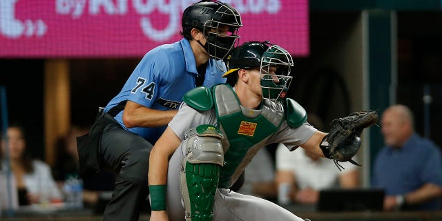 Sean Murphy of the Oakland Athletics gets ready for a pitch against the Texas Rangers at Globe Life Field on July 13, 2022, in Arlington, Texas.