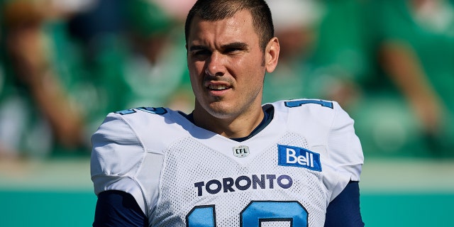 Chad Kelly #12 of the Toronto Argonauts on the field before the game between the Toronto Argonauts and Saskatchewan Roughriders at Mosaic Stadium on July 24, 2022 in Regina, Canada.