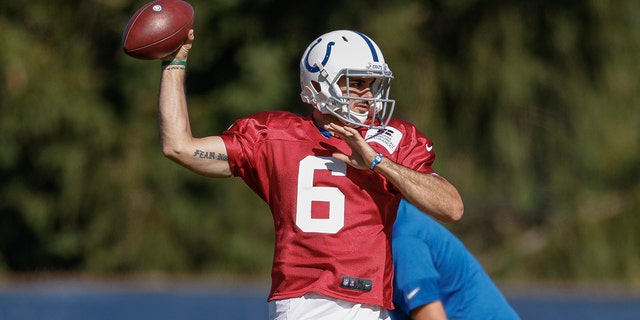 Chad Kelly #6 of the Indianapolis Colts throws the ball during training camp at Indiana Farm Bureau Football Center on August 19, 2020 in Indianapolis, Indiana.