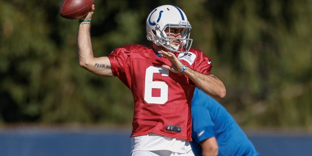 Chad Kelly #6 of the Indianapolis Colts throws the ball during training camp at Indiana Farm Bureau Football Center on August 19, 2020 in Indianapolis, Indiana.