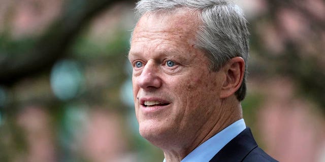 FILE - Massachusetts Gov. Charlie Baker speaks during a Juneteenth commemoration in Boston's Nubian Square, June 18, 2021.